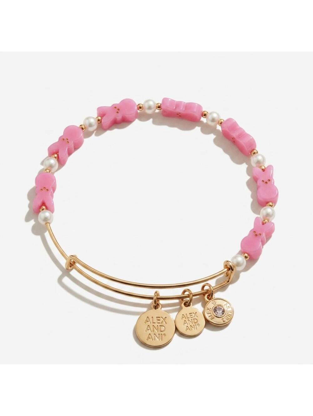 ALEX AND ANI Peeps Pink Bunny Charm Bead Bracelet with Gold Tone Charms